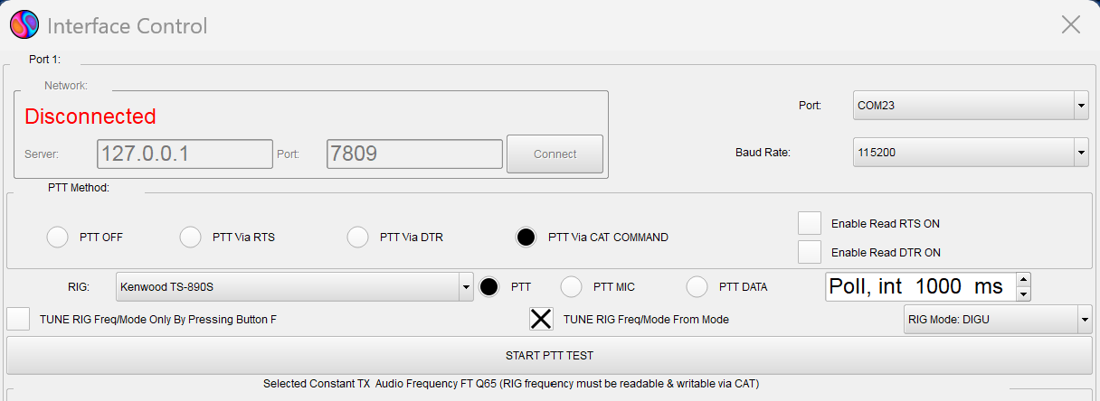 MSHV Interface Control showing COM23 at 115200 baud, PTT Via CAT COMMAND, and Kenwood TS-890S rig selection