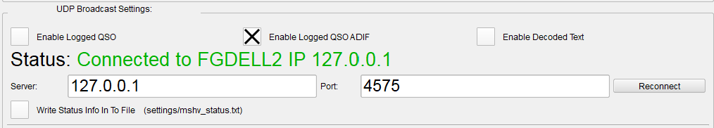 MSHV UDP Broadcast Settings with Logged QSO ADIF enabled, server 127.0.0.1, and port 4575