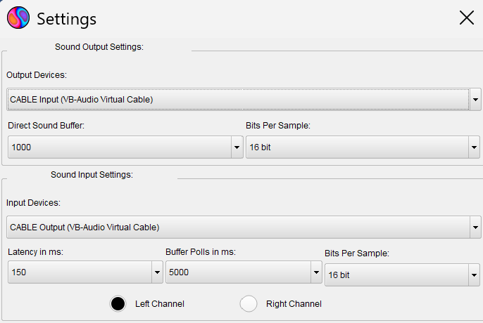 MSHV sound settings with CABLE Input selected as output device and CABLE Output selected as input device