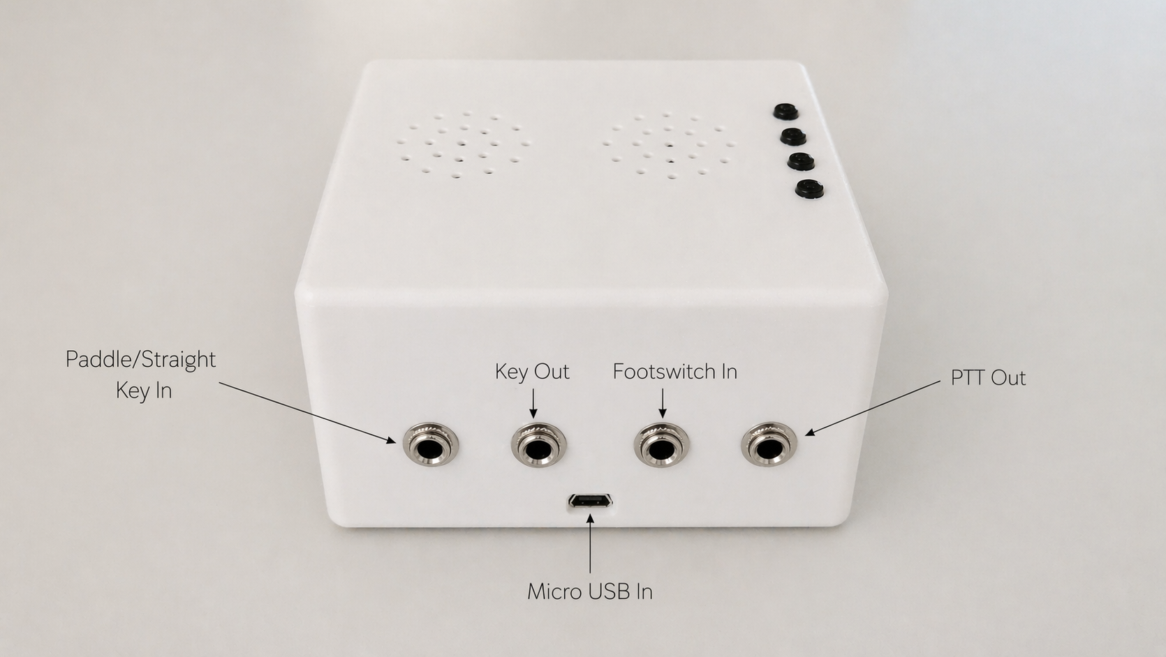 Left side — Paddle/Straight Key In, Key Out, Footswitch In, PTT Out, Micro USB