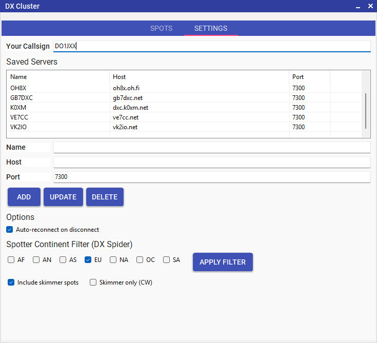 DX Cluster Settings tab