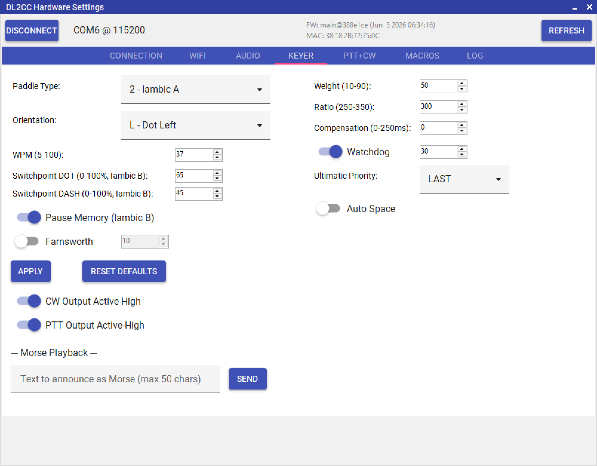 Hardware
              Settings Keyer tab