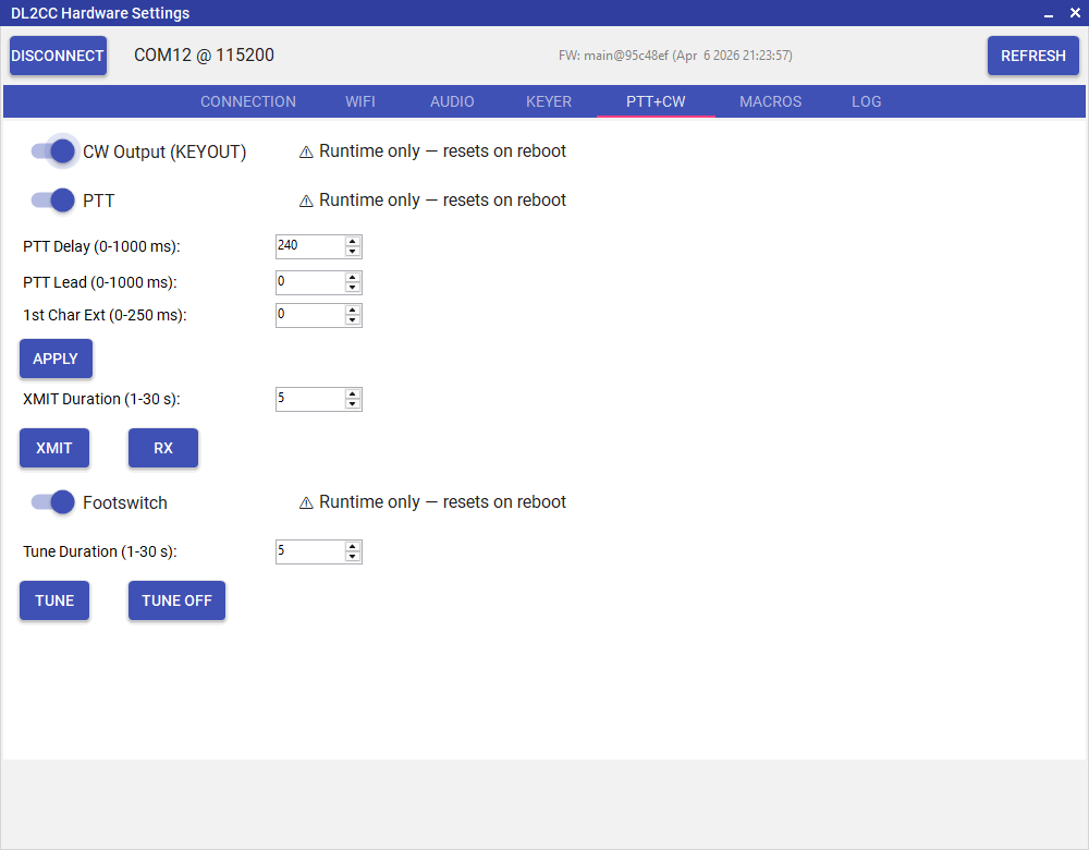 Hardware
              Settings PTT+CW tab