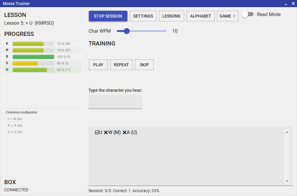 Morse Trainer session view