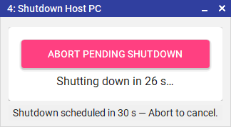 Shutdown Host PC client window — pending state with the Abort button and countdown