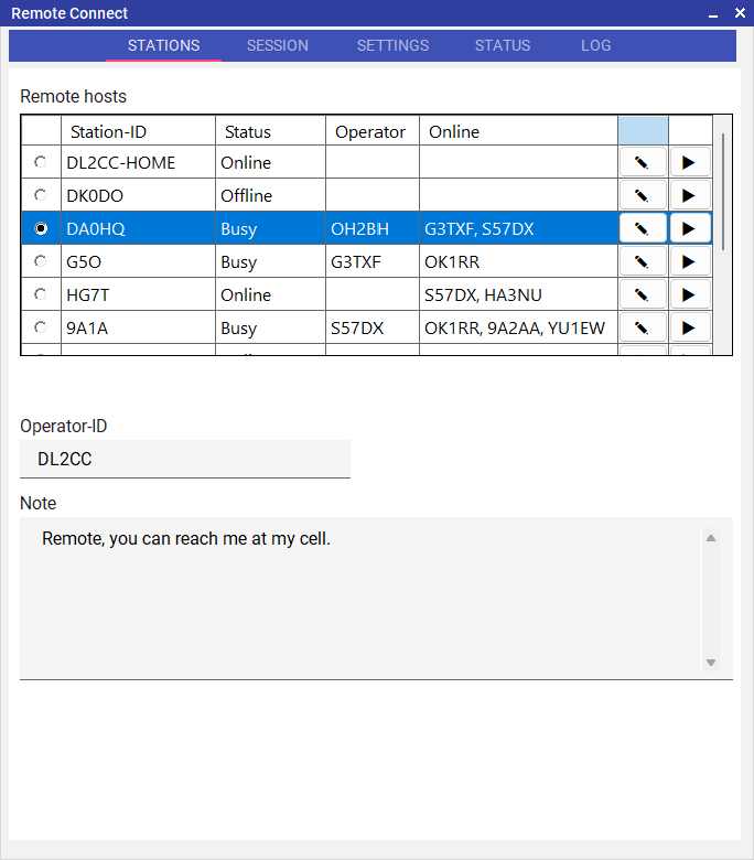 Stations tab
              in Client role: a dashboard of remote hosts with live Status,
              Operator and Online columns plus per-row edit and connect buttons
