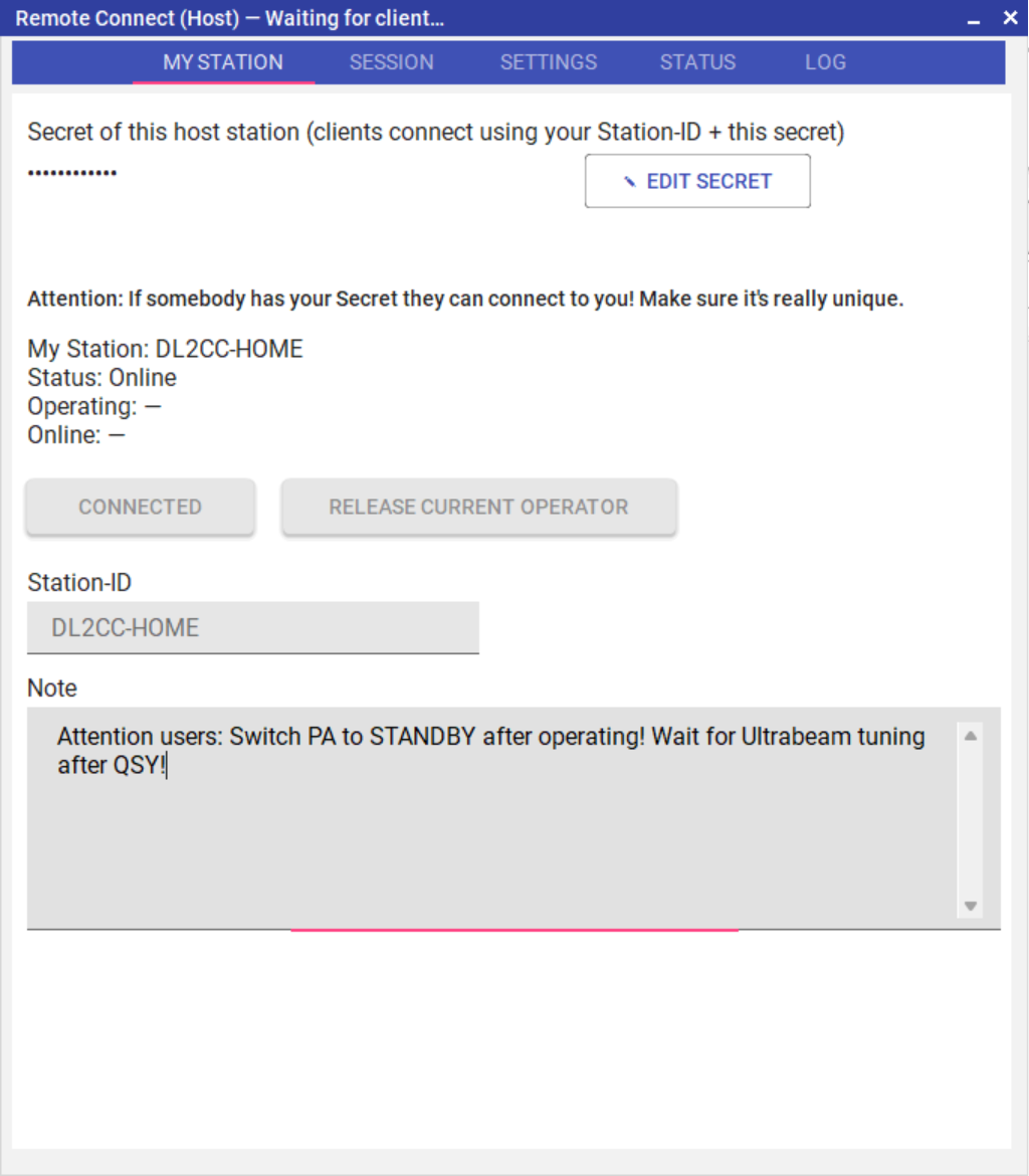 My Station
              tab in Host role: a masked secret with an Edit secret button, and a
              live status panel showing who is operating and online