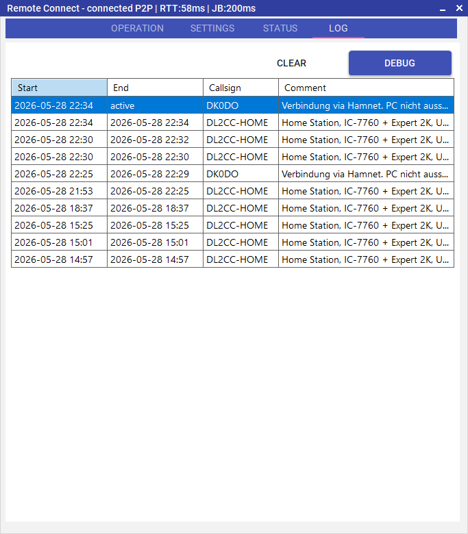 Log tab showing the session history table