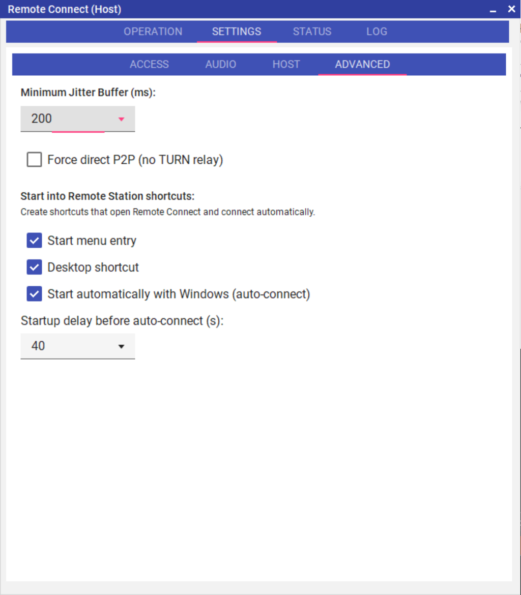 Advanced tab with Start into Remote Station shortcuts
