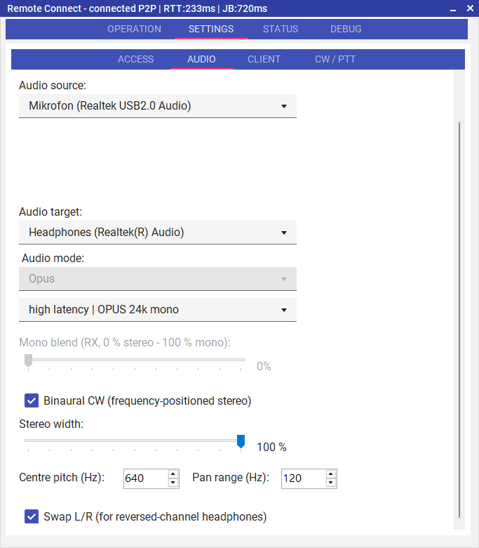 Audio settings — Binaural CW controls on the Client