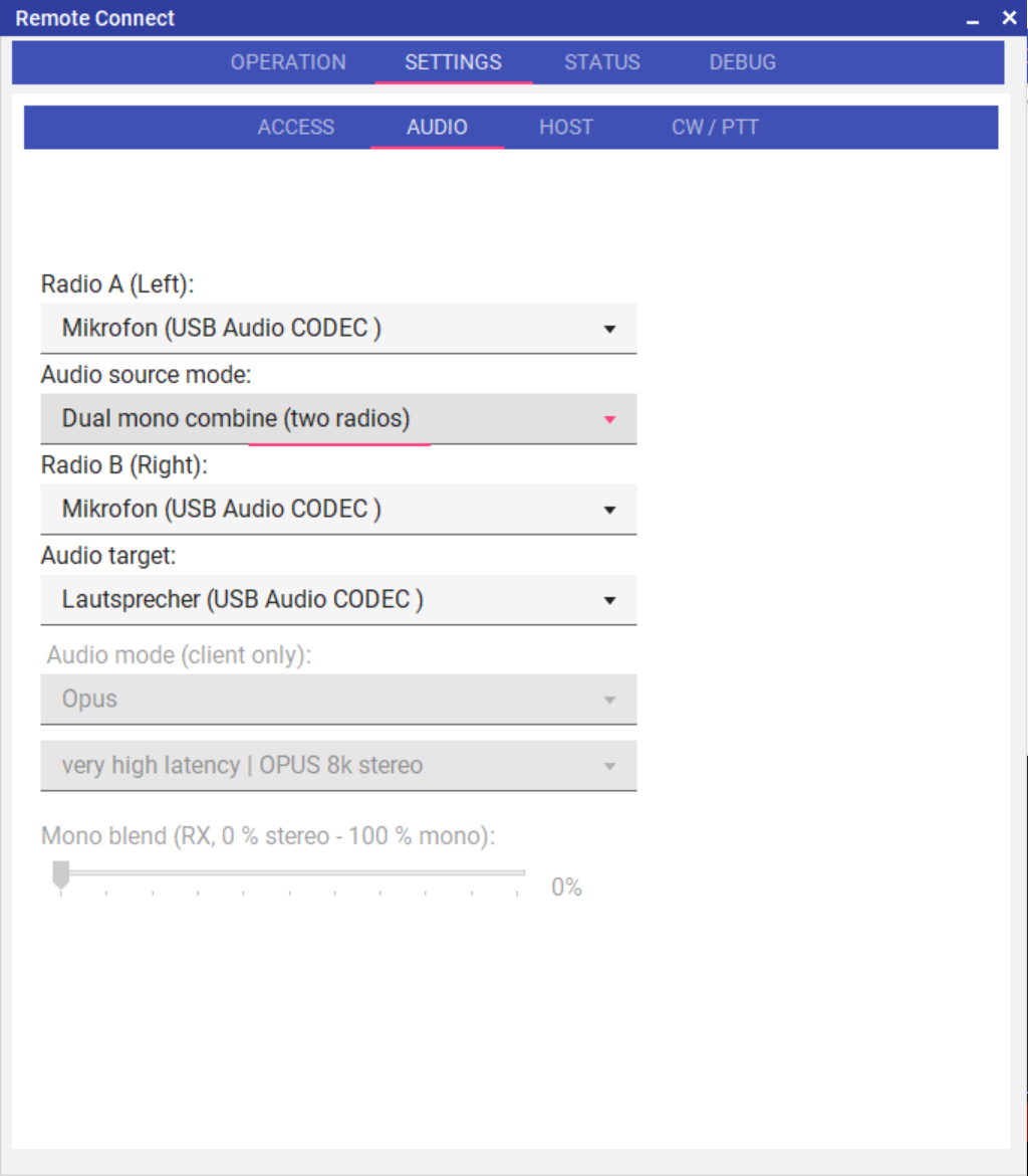Audio settings — Host with dual-mono combine