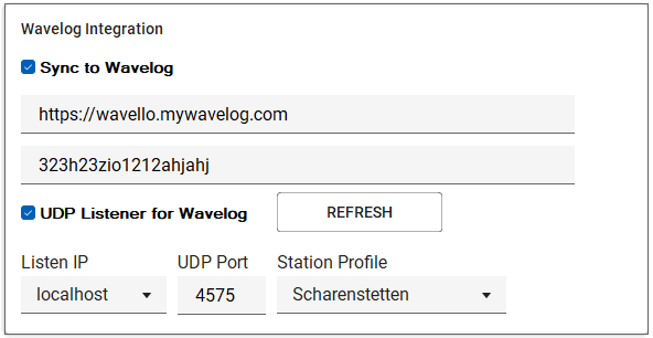 Client settings — Wavelog Integration card