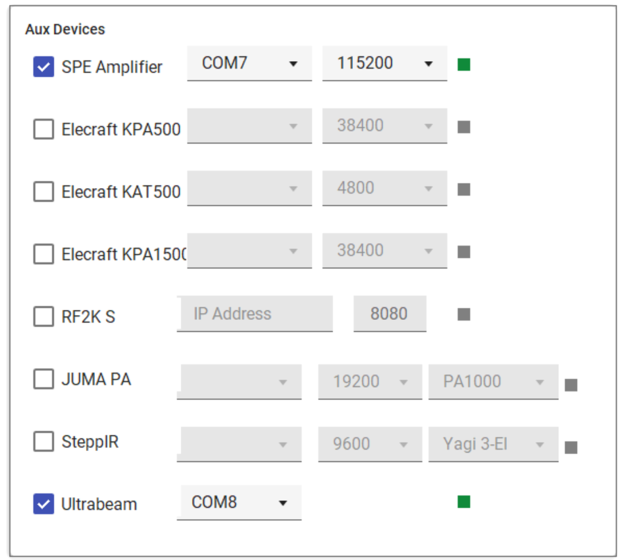 Host settings — Aux Devices cards