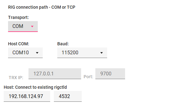 Host settings — optional native CAT path (COM or TCP)