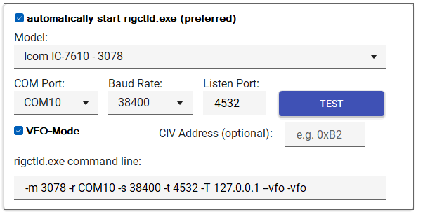 Host settings — Local rigctld.exe launcher card