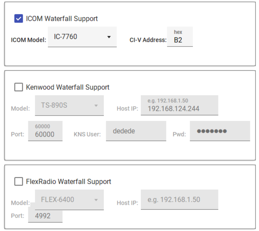 Host settings — ICOM, Kenwood and FlexRadio waterfall cards