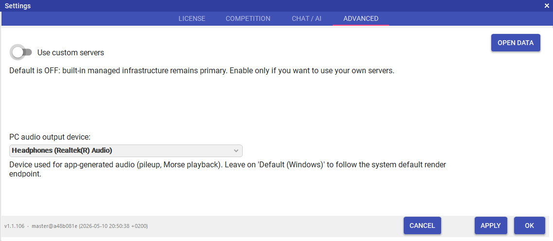 Settings — Advanced tab with PC audio output device picker