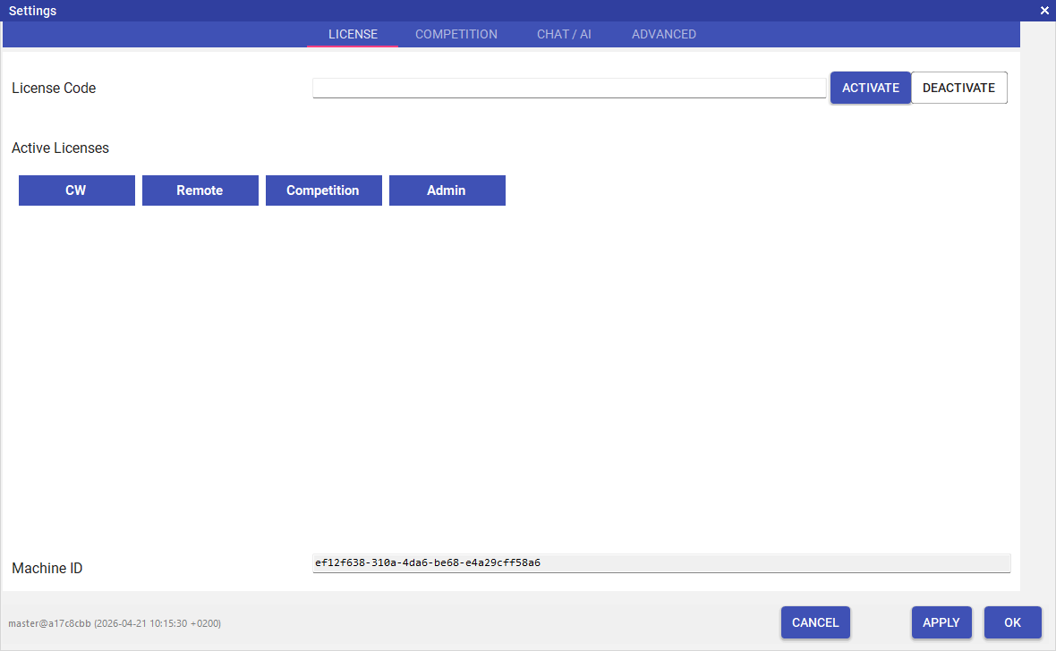 Settings — License tab