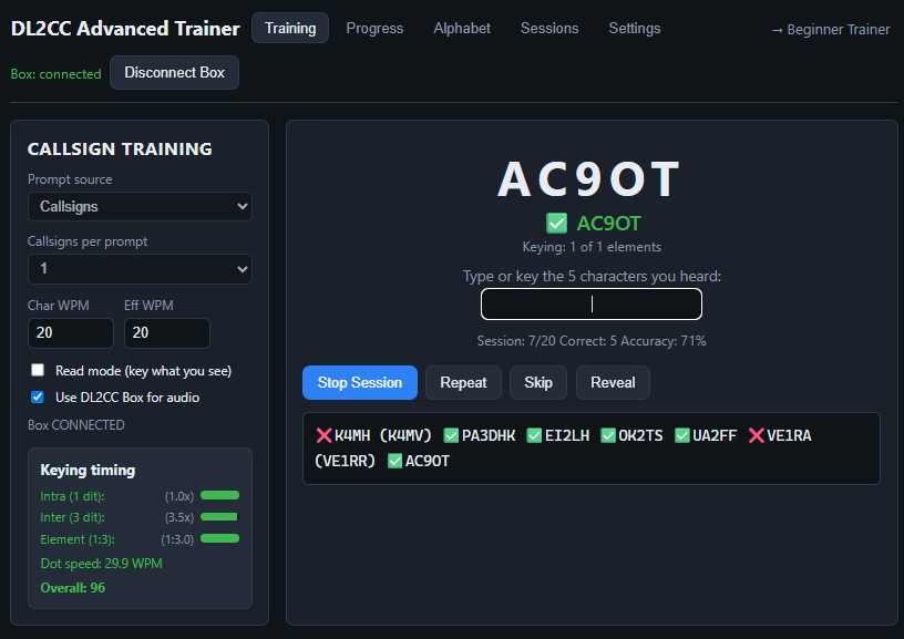 Web Advanced Trainer — callsign training with keying-timing analysis