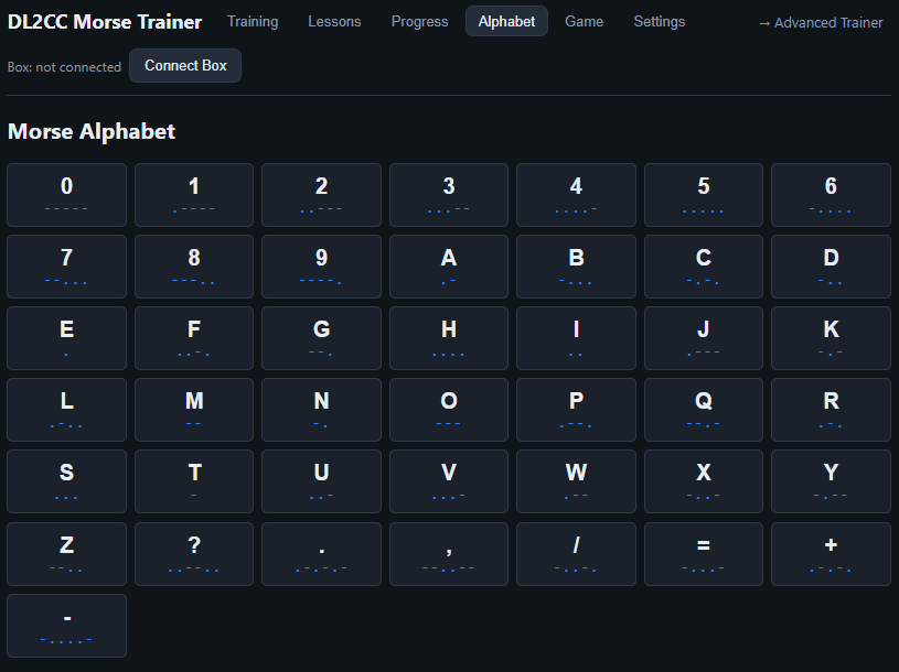 Web Morse Trainer — Alphabet tab