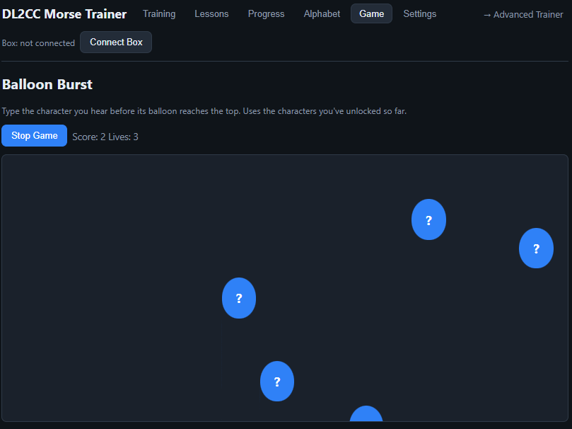 Web Morse Trainer — Balloon Burst game