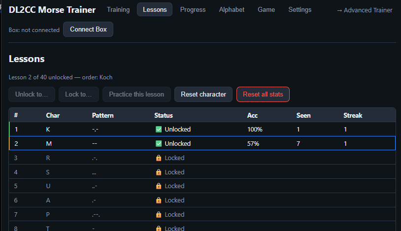 Web Morse Trainer — Lessons tab