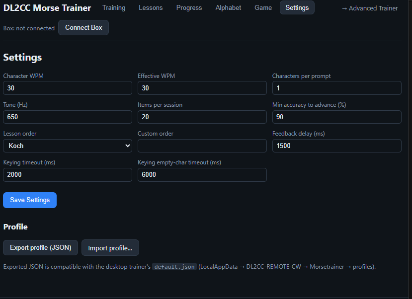 Web Morse Trainer — Settings tab