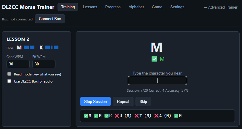 Web Morse Trainer — Training tab